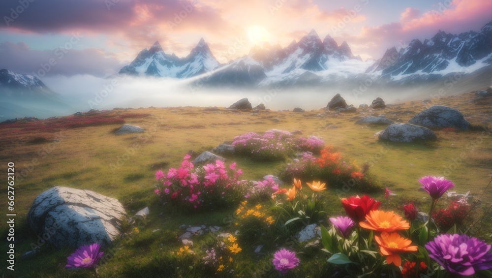 Obraz premium photo of a beautiful view of a green meadow with lots of colorful flowers against a background of snowy mountains, made by AI generative