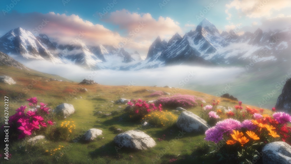 photo of a beautiful view of a green meadow with lots of colorful flowers against a background of snowy mountains, made by AI generative