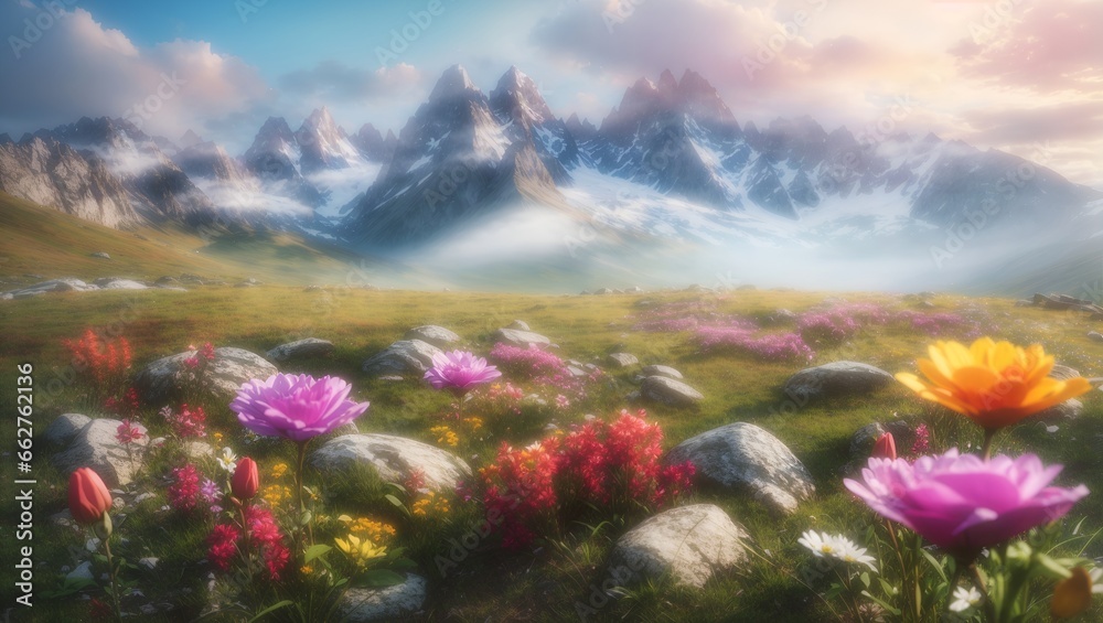 photo of a beautiful view of a green meadow with lots of colorful flowers against a background of snowy mountains, made by AI generative