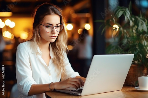 Young woman freelancer in white blouse with working on table by laptop in cafe or coworking space