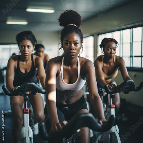 multiethnic beautiful fit woman training by riding a bicycle in a gym