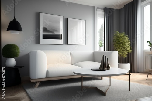 3D rendered modern Scandinavian interior: pristine white walls, wooden table, cozy sofa, and carpet. Created in 3ds Max. A perfect blend of minimalism and comfort.