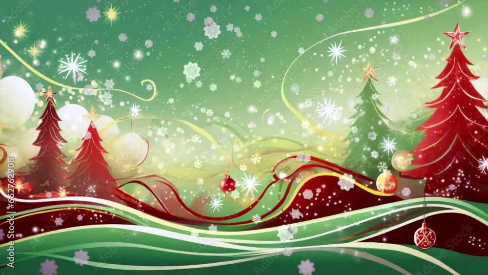 Christmas holiday season animated background with snow falling on a christmas tree landscape.