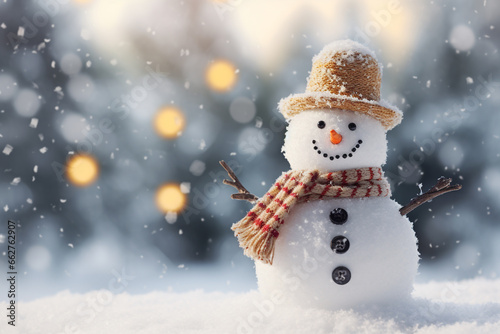 Snow man in the winter season with blurred background. Christmas holiday celebration.