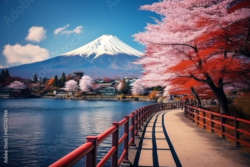 Fuji Mountian in coloful travel season in Japan.