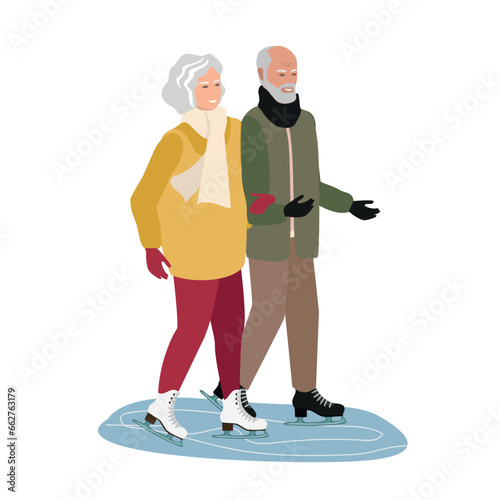 An elderly couple is skating on an ice rink outdoors. Active elderly man and woman. Active winter sports and recreation. Vector illustration on a white background.
