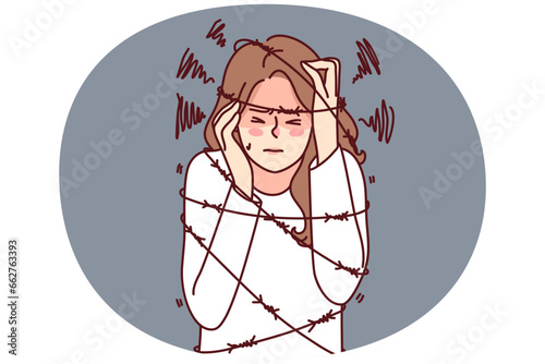 Unhappy woman in tight ropes suffer from mental or psychological problems. Upset stressed girl struggle with overthinking or anxiety limit life. Vector illustration.