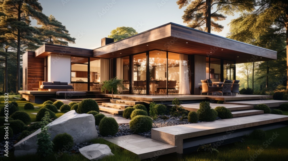 Modern ranch style minimalist cube house with terrace and landscaping design front yard. Residential architecture exterior Modern ranch style minimalist cube house with terrace and landscaping design front yard. Residential architecture exterior