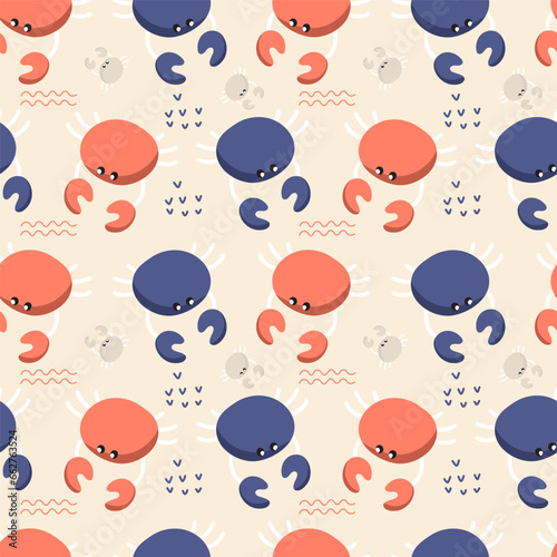 Seamless pattern with crabs.  Flat colorful vector illustration for wrapping paper, textile print.