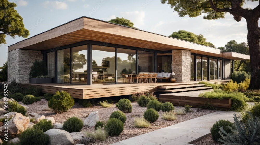 Modern ranch style minimalist cube house with terrace and landscaping design front yard. Residential architecture exterior Modern ranch style minimalist cube house with terrace and landscaping design front yard. Residential architecture exterior
