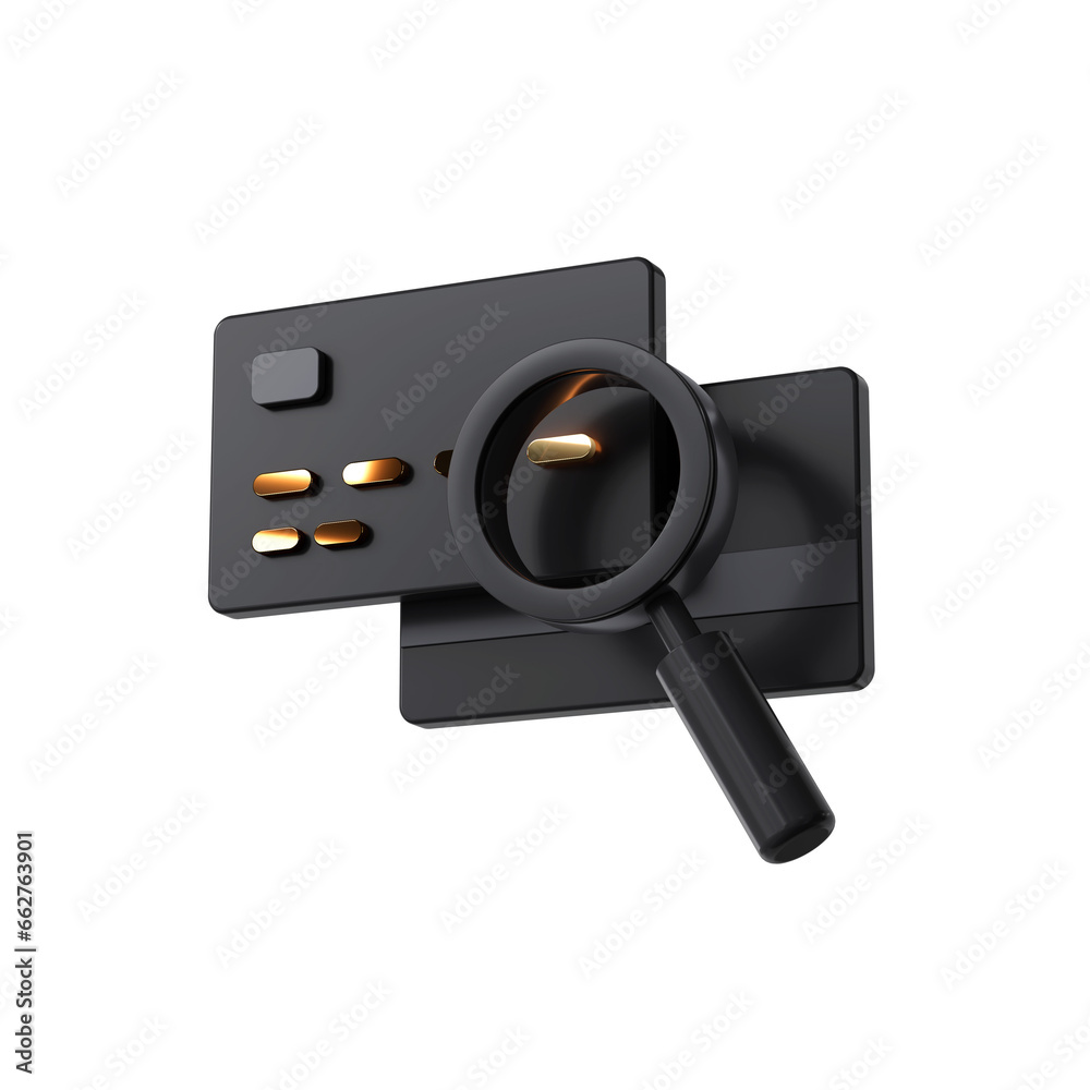 3D icon of Card Research. Credit Card with Lupe Magnifier 3D icon of Card Research. Credit Card with Lupe Magnifier