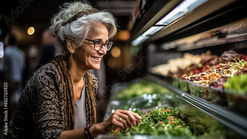 Mature woman shopping in grocery store. Side view choosing fresh fruits and vegetables in supermarket. Shopping concept