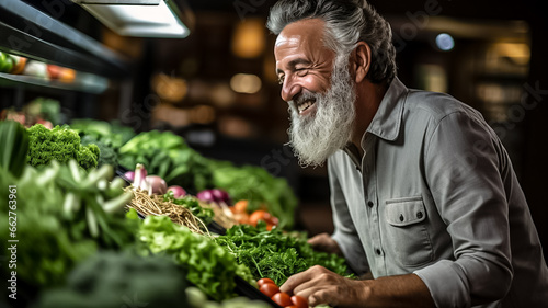 Mature man shopping in grocery store. Side view choosing fresh fruits and vegetables in supermarket. Shopping concept © Shubby Studio