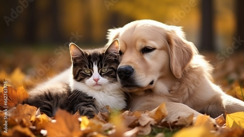 Cute dog and cat lying together on garden in autumn season nature background, friendship between little puppy and kitten animals
