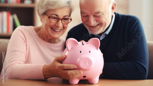 Retirement dreams with senior couple's hands holding a pink piggy bank symbolizing their shared commitment to saving for future and retirement pension
