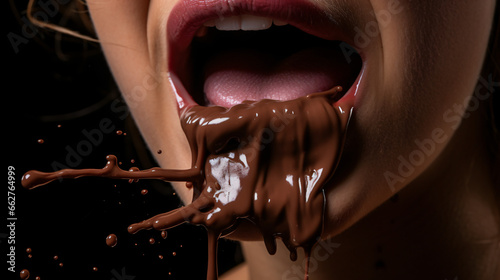 Female mouth eating splash chocolate