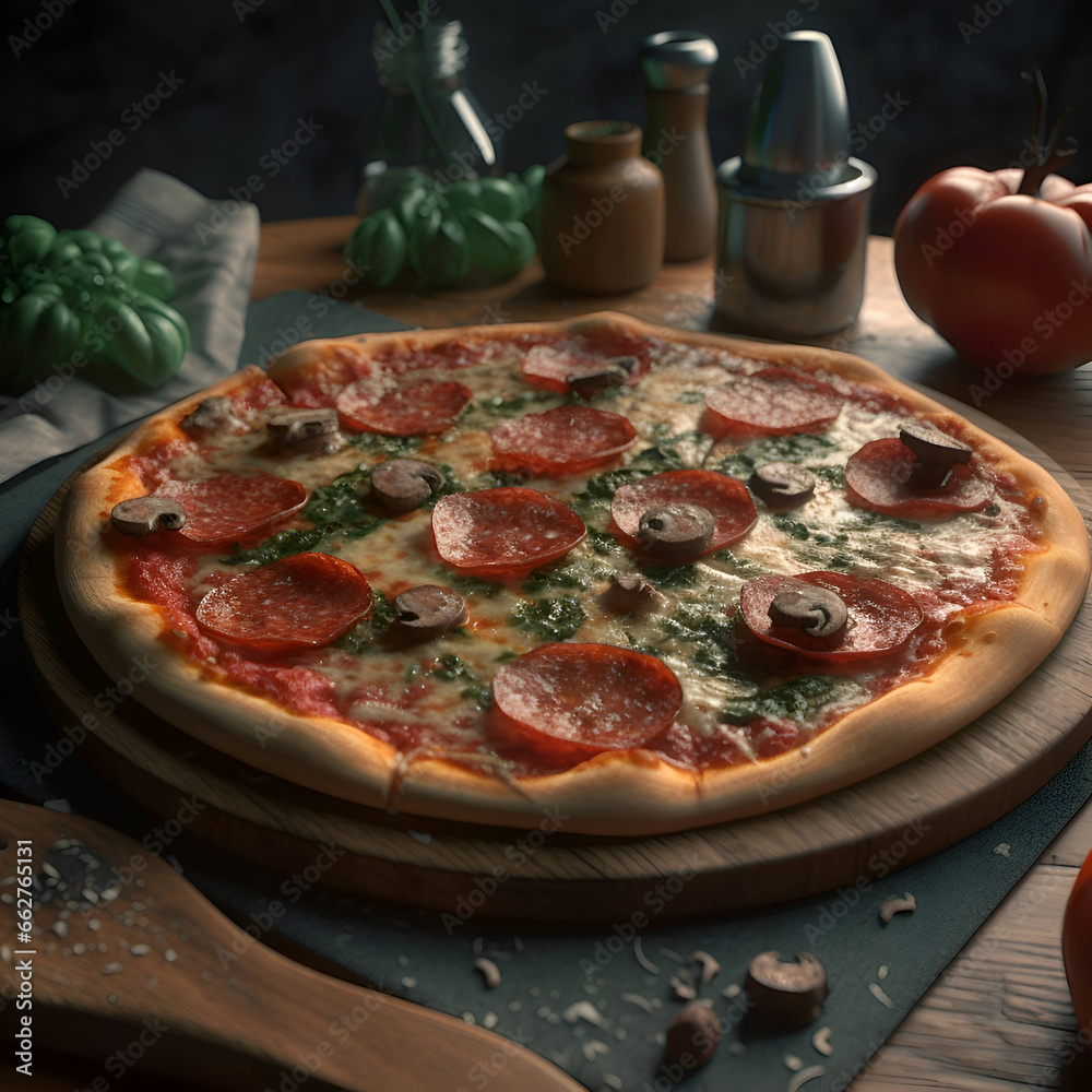 Delicious pizza with salami and mushrooms on table- closeup