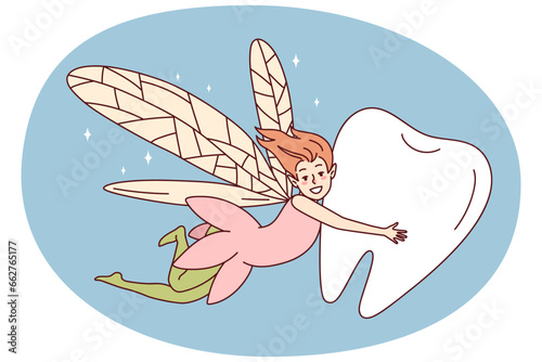 Smiling fairy flying with tooth. Happy pixy cartoon character with children teeth. Vector illustration.