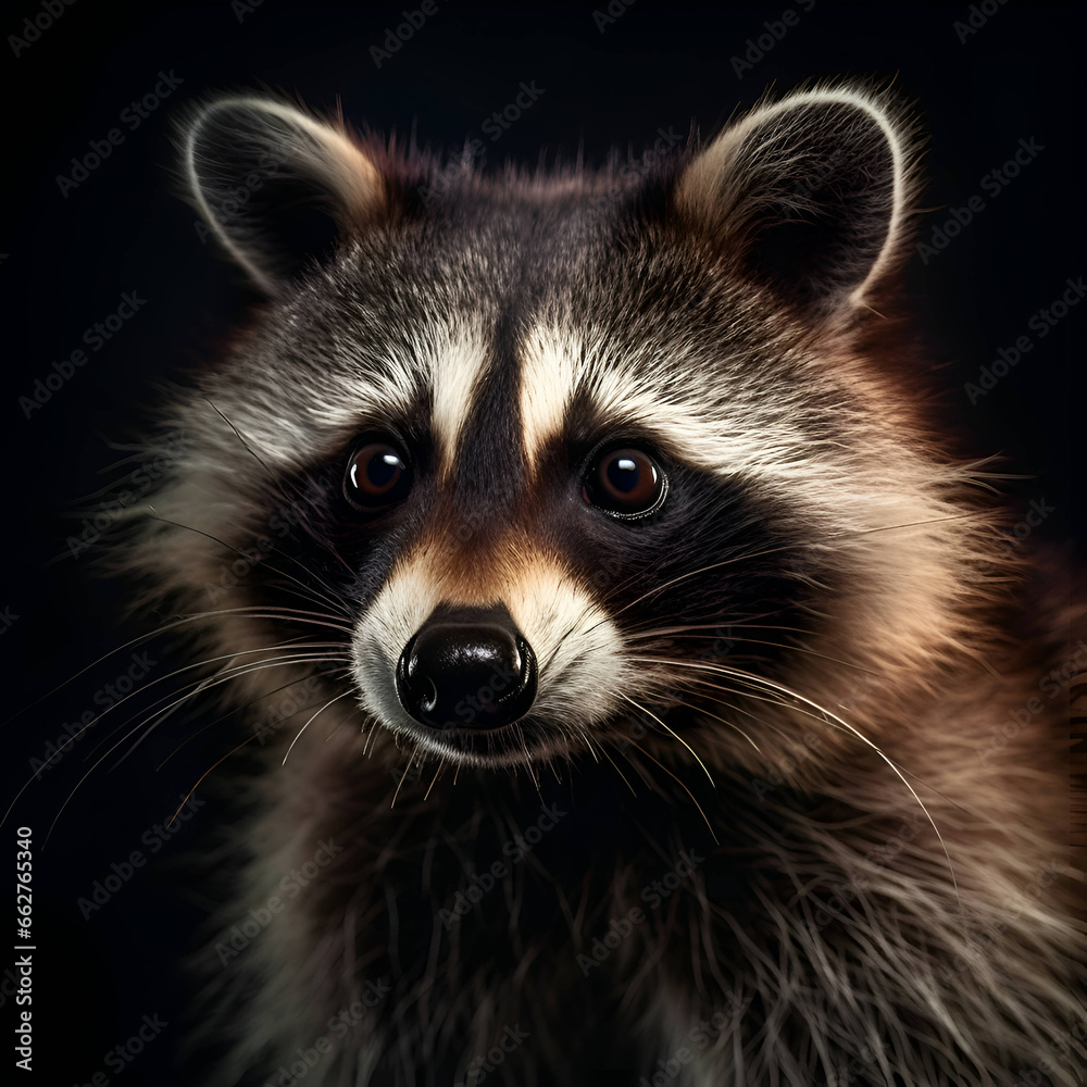 Portrait of a raccoon on a black background. Studio shot.