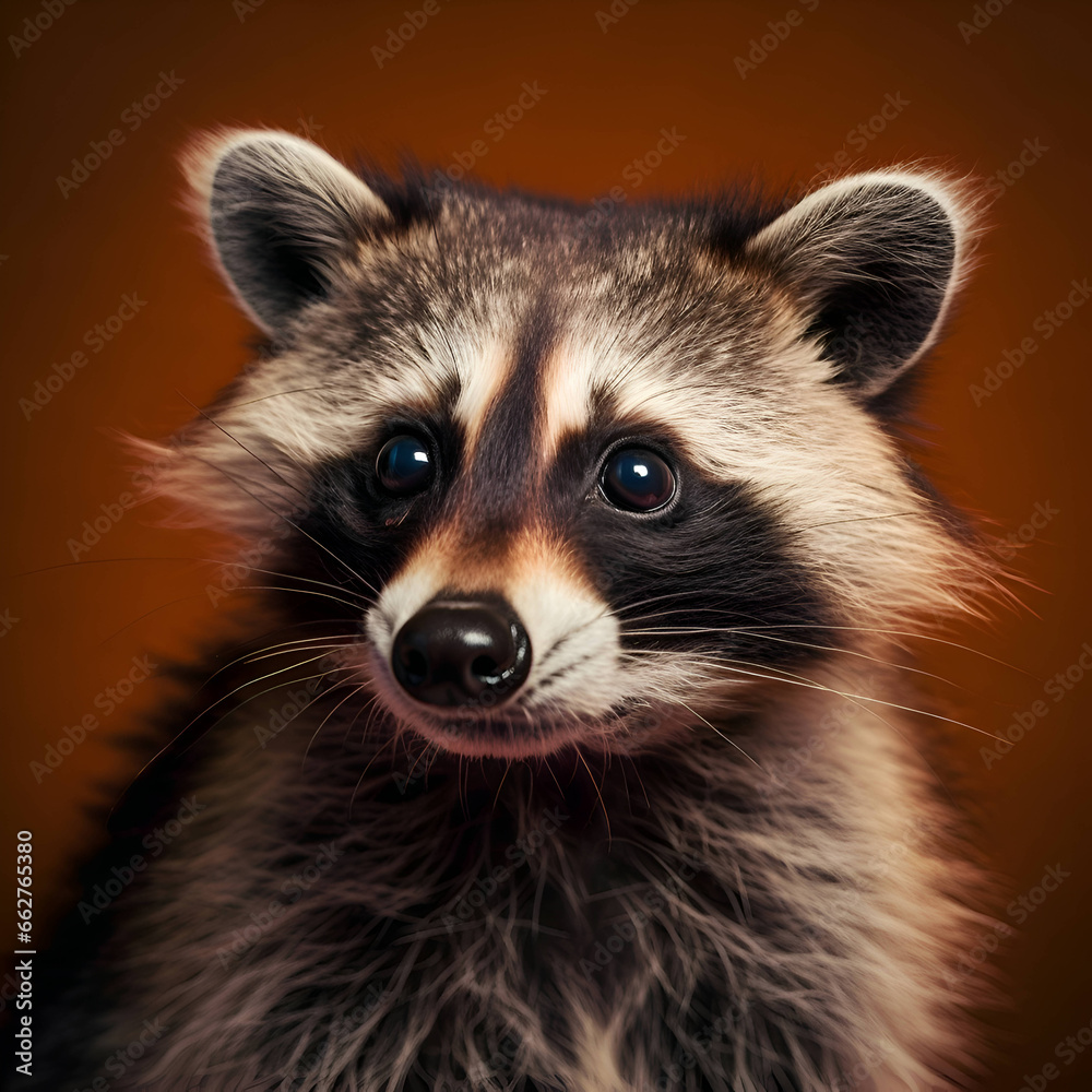 Portrait of a cute raccoon on a brown background. Studio shot.