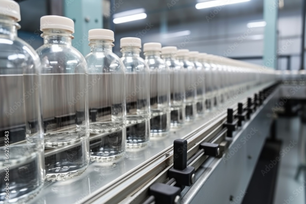 Plastic bottles on conveyor of filling machine at modern pharmaceutical manufacturing plan Plastic bottles on conveyor of filling machine at modern pharmaceutical manufacturing plan