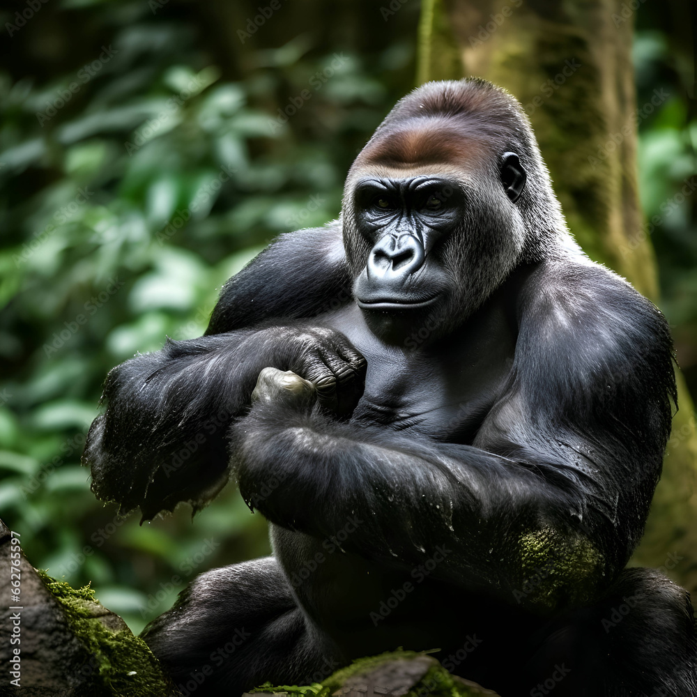Gorilla in the rainforest. Wildlife scene from nature.