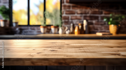 Empty wooden tabletop, bokeh view of modern kitchen interior. Product and food display Generative ai