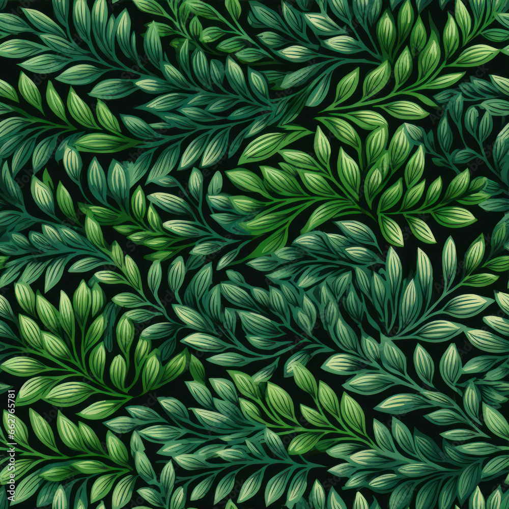 Seamless pattern with green leaves on dark background. Vector illustration.