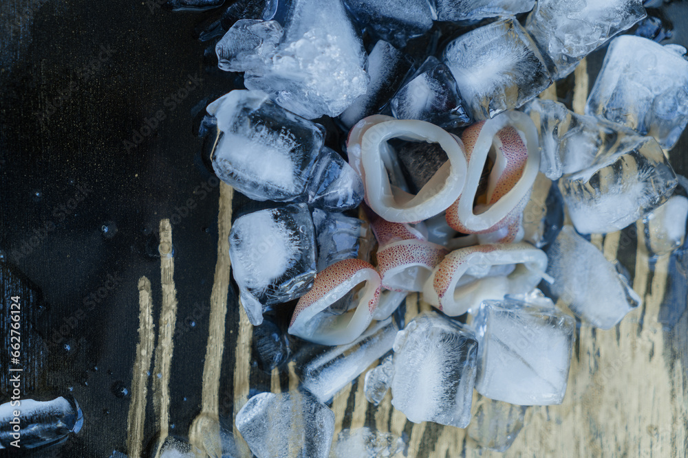 Fresh squid with crushed ice on a dark background.