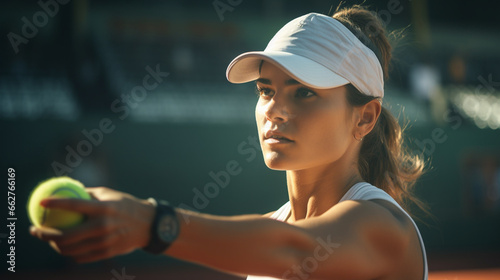 woman getting ready to serve tennis ball photo