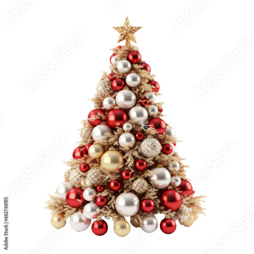 Beautiful red and white decorated Christmas tree isolated on white transparent background