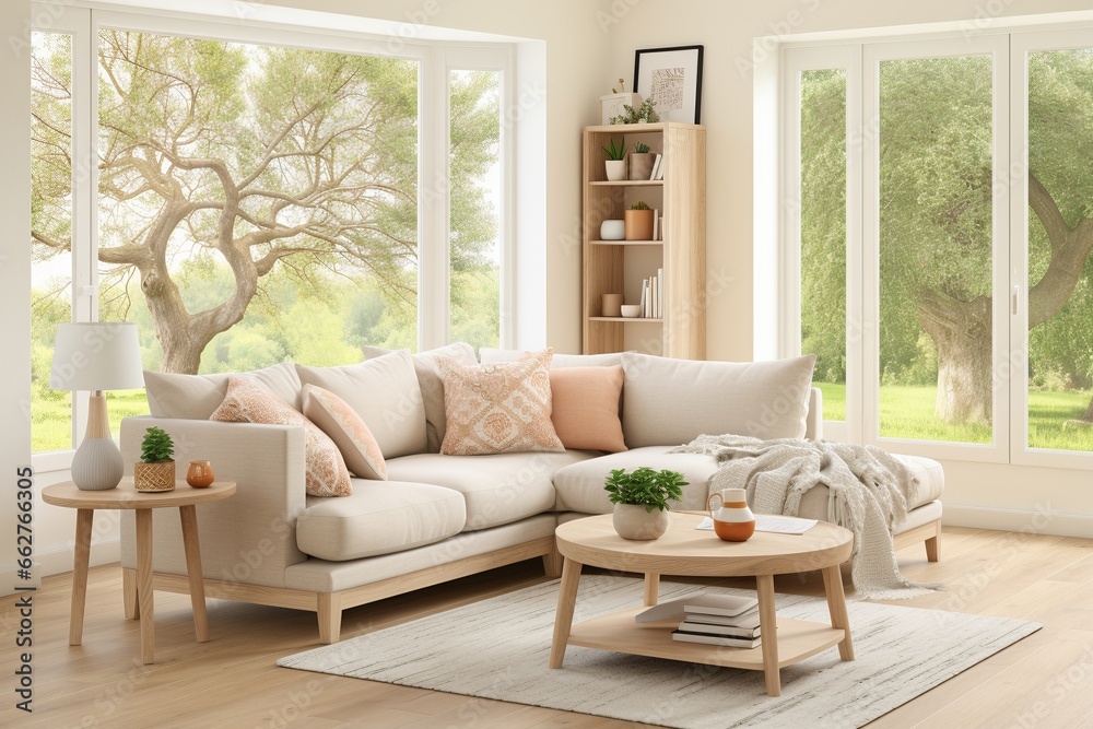 Fototapeta premium Contemporary Simplicity: Minimalistic Design in a Modern Living Space cream colors and great views outside windows