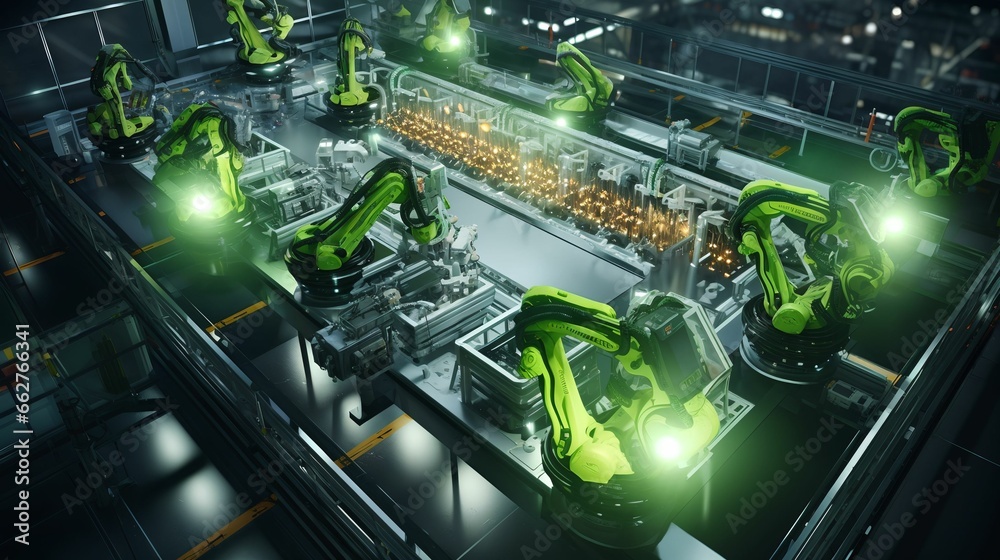 Car Factory Concept Automated Robot Arm Assembly Line Manufacturing