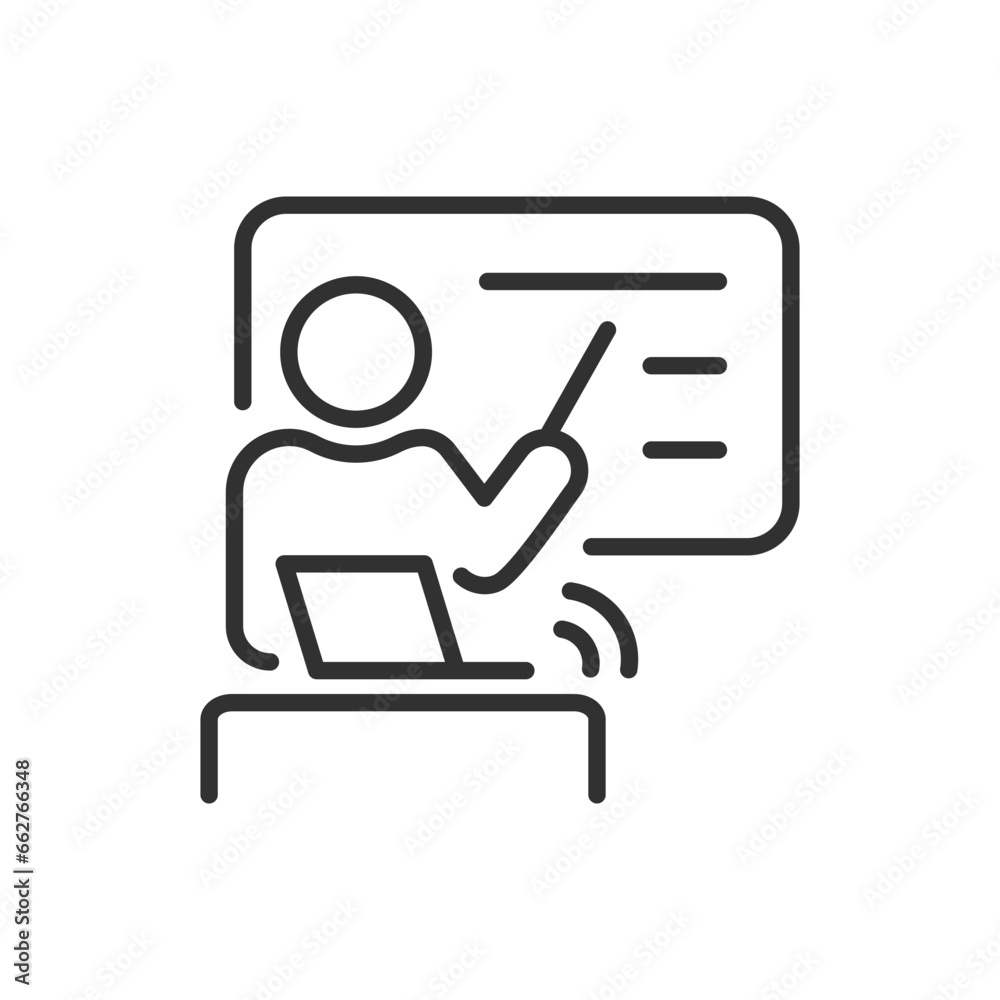 Distance learning teacher and laptop, linear icon. Line with editable stroke Distance learning teacher and laptop, linear icon. Line with editable stroke