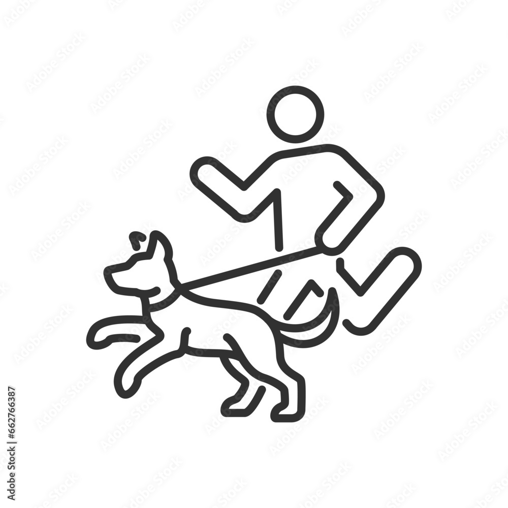 Walking the dog, linear icon, the person runs with the dog on a leash. Line with editable stroke Walking the dog, linear icon, the person runs with the dog on a leash. Line with editable stroke