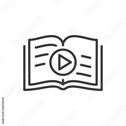 Audiobook, linear icon. Book and play button. Line with editable stroke