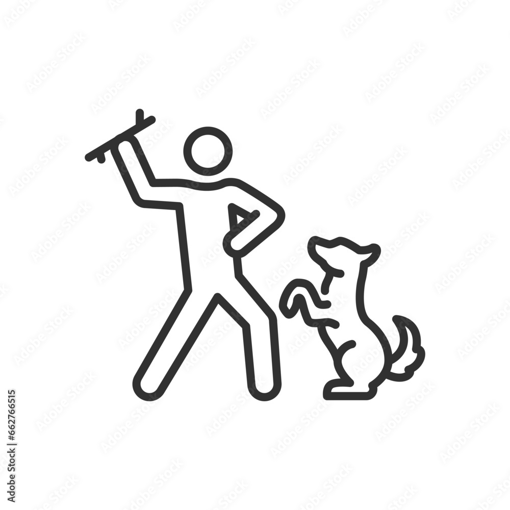 Person throws stick to dog, linear icon, play with pet. Line with editable stroke Person throws stick to dog, linear icon, play with pet. Line with editable stroke