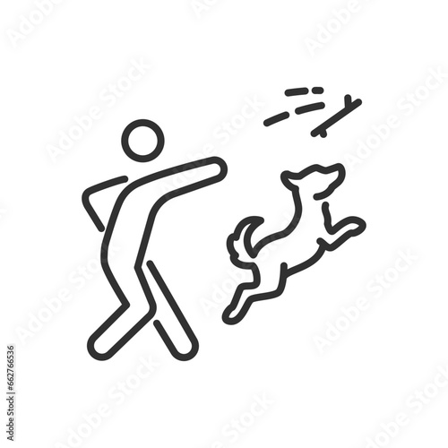 Person throws stick to dog, linear icon, play with pet. Line with editable stroke