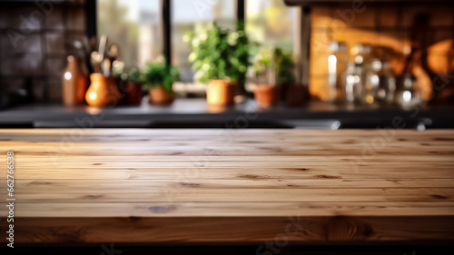 Empty wooden tabletop  bokeh view of modern kitchen interior. Product and food display Generative ai