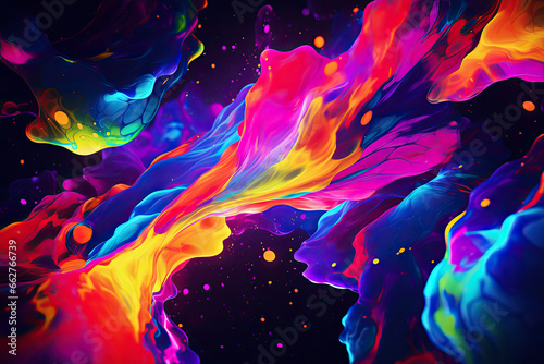 Bright abstract background. Lots of colors. Flowing watercolor stains. Dark background and rainbow blots