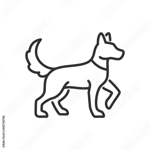 Dog with collar, linear icon. In the pose raised his paw. Line with editable stroke
