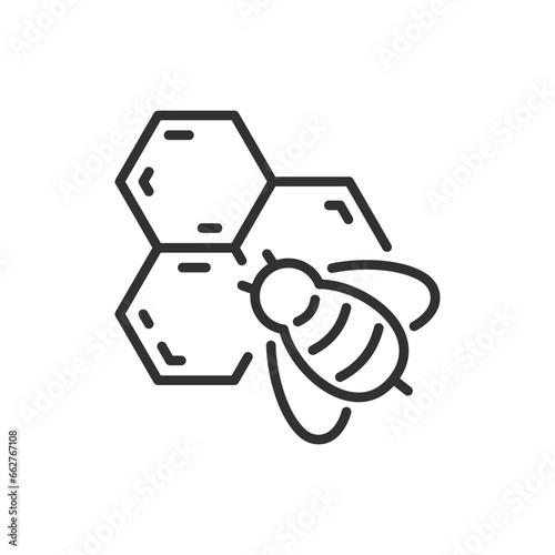 Bees on honeycomb with honey, linear icon. Line with editable stroke