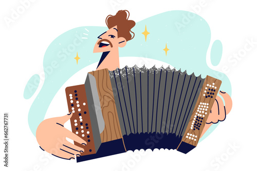 Man plays button accordion and sings songs to amuse visitors to concert of rare musical instruments