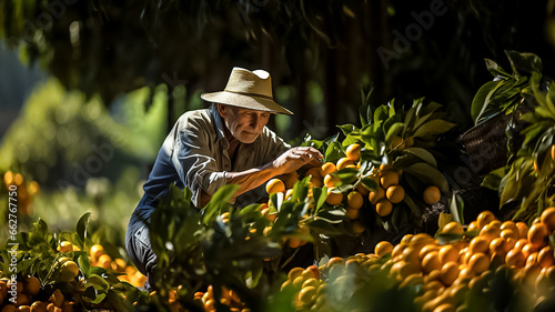 Fresh orange in box. The farmer harvests of fresh orange in the fruit garden. Harvesting and labor Generative ai