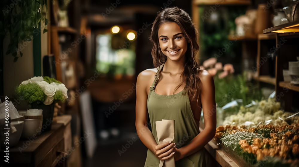 Portrait of a happy woman standing in her flower shop. Cheerful young saleswoman is waiting for customers of the flower shop. successful small business owner in an ordinary gray apron. Generative Ai Portrait of a happy woman standing in her flower shop. Cheerful young saleswoman is waiting for customers of the flower shop. successful small business owner in an ordinary gray apron. Generative Ai