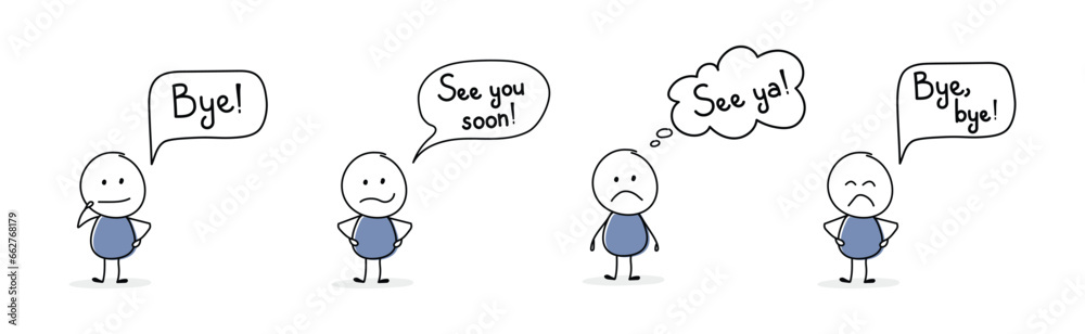 Unhappy cartoon people with text - bye, see ya, see you soon. Vector Unhappy cartoon people with text - bye, see ya, see you soon. Vector