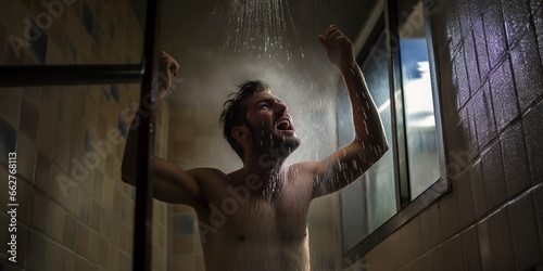 Angry man taking a cold shower, concept of Frustration