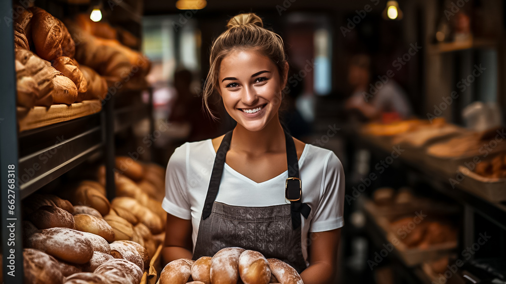 Portrait of a happy woman standing on the doorstep of her shop. Cheerful young saleswoman is waiting for bakery customers. A successful small business owner Generative Ai Portrait of a happy woman standing on the doorstep of her shop. Cheerful young saleswoman is waiting for bakery customers. A successful small business owner Generative Ai