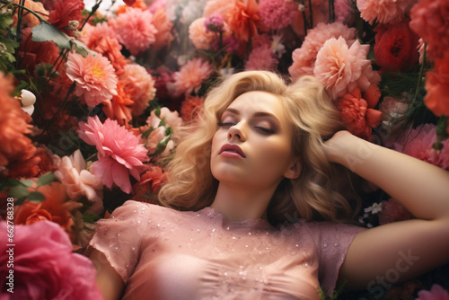 Beautiful blonde young woman lying in flowers