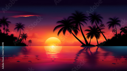 Beautiful sunset tropical beach illustration. © Milano